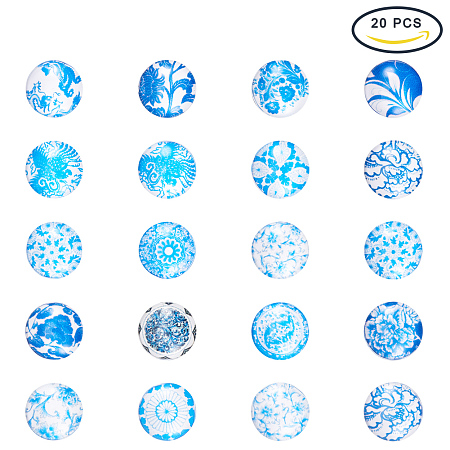 PandaHall Elite 20pcs 12mm Blue and White Floral Printed Half Round Dome Glass Cabochons for Jewelry Making
