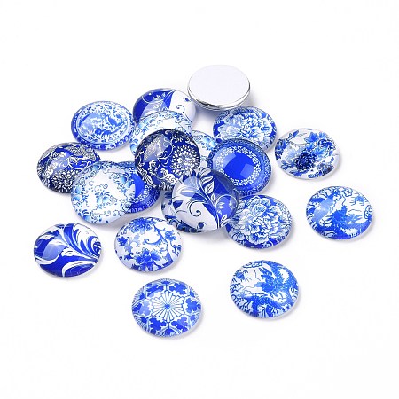 Honeyhandy Blue and White Floral Printed Glass Flatback Cabochons, Half Round/Dome, Steel Blue, 20x6mm