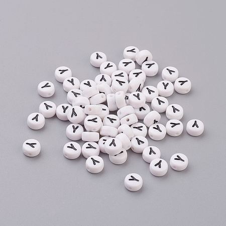 Honeyhandy Flat Round with Letter Y Acrylic Beads, with Horizontal Hole, White & Black, Size: about 7mm in diameter, 4mm thick, hole: 1mm