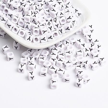 White Letter Acrylic Beads, Cube with Letter Y, Size: about 6mm wide, 6mm long, 6mm high, hole: 3.2mm, about 300pcs/50g