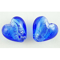 Honeyhandy Handmade Silver Foil Glass Beads, Heart, Blue, about 12mm in diameter, 8mm thick, hole: 1~2mm