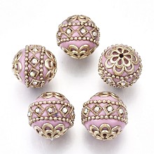 Honeyhandy Handmade Indonesia Beads, with Metal Findings, Round, Light Gold, Pink, 19.5x19mm, Hole: 1mm