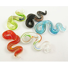 Honeyhandy Lampwork Glass Large Pendants, with Gold Sand, Snake, Mixed Color, 32x64mm, hole: 7mm