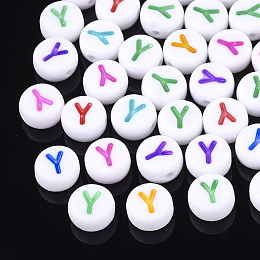 Honeyhandy Initial Acrylic Beads, Horizontal Hole, Flat Round, Mixed Color, Letter.Y, 7x3.5~4mm, Hole: 1.2mm, about 370pcs/50g