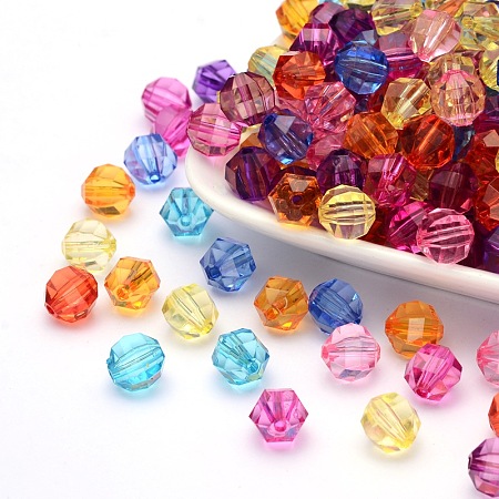 Honeyhandy Mixed Color Transparent Acrylic Faceted Round Beads, 10mm in diameter, 10mm thick, hole: 2mm