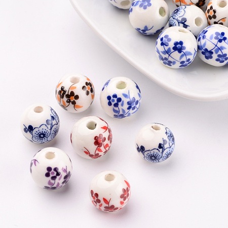 Honeyhandy Mixed Color Handmade Printed Porcelain Round Beads, 12mm, Hole: 3mm