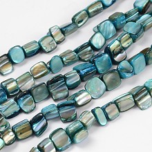 Honeyhandy Shell Beads Strands, Dyed, Cyan, about 8~17.5mm long, 5~8mm wide, 5mm thick, hole: 1mm, 16 inch/strand, 40pcs/strand