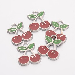 Honeyhandy Alloy Enamel Pendants, Cherry, Lead Free and Cadmium Free, Red and LinmeGreen, Platinum, about 18mm long, 16.5mm wide, 2mm thick, hole: 3mm