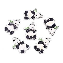 Honeyhandy Alloy Enamel Pendants, Cadmium Free & Lead Free, Panda, Black, Platinum, about 32mm long, 23mm wide, 2mm thick, hole: 1.5mm