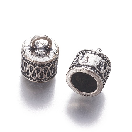 Tibetan Style Cord Ends, Column, Antique Silver,  Lead Free and Cadmium Free; 14.5x11mm, Hole: 4mm; Inner Diameter: 7.5mm