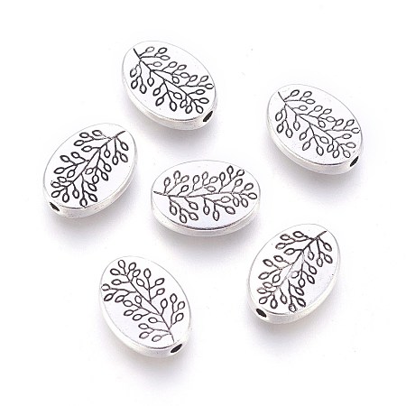 Honeyhandy Tibetan Style Alloy Beads, Oval with Leaf, Antique Silver, Lead Free and Cadmium Free, 14x10x3mm, Hole: 1.5mm