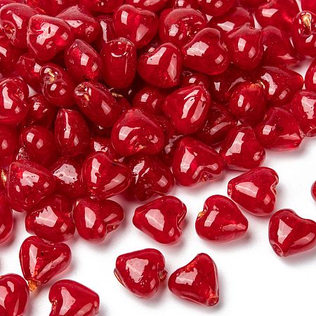 Honeyhandy Handmade Silver Foil Glass Beads, Heart, Red, 12x8mm, Hole: 1~2mm