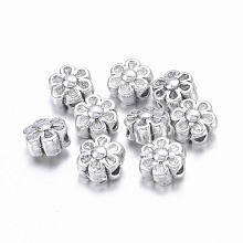 Honeyhandy Lovely Flower Tibetan Style Alloy Beads for Mother's Day Gifts Making, Zinc Alloy, Lead Free & Cadmium Free, Antique Silver, about 6.5mm in diameter, 4.5mm thick, hole: 1mm