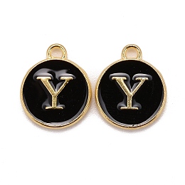 Honeyhandy Golden Plated Alloy Charms, Cadmium Free & Lead Free, with Enamel, Enamelled Sequins, Flat Round with Letter, Black, Letter.Y, 14x12x2mm, Hole: 1.5mm