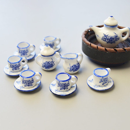 Honeyhandy Porcelain Tea Set, Blue, saucer1: 21mm in diameter, teapot1: 29mm long, 32mm wide, teapot2: 22mm long, 23mm wide, teapot3: 15mm long, 18mm wide, teacup: 10mm long, 16.5mm wide