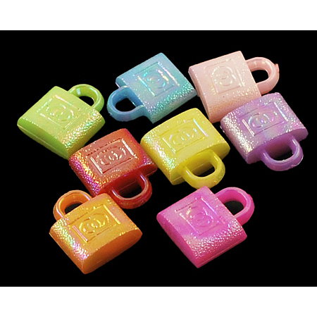 Honeyhandy Plating Acrylic Charms, AB Color, Mixed Color, Lock, about 13mm long, 11mm wide, 5mm thick, hole: 3x2mm, about 990pcs/500g