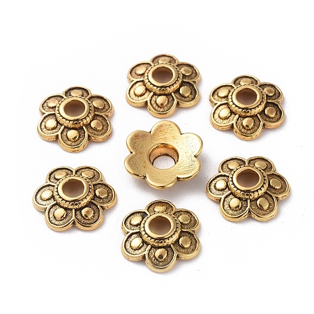 Honeyhandy Tibetan Style Alloy Bead Caps, Lead Free & Cadmium Free, Flower, Antique Golden Color, about 15mm in diameter, 3mm thick, hole: 4mm