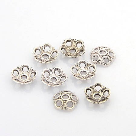 Honeyhandy Tibetan Style Alloy Bead Caps, Flower, Antique Silver, Lead Free & Cadmium Free, 8x2mm, Hole:1.5mm