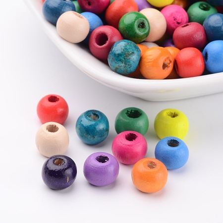 Honeyhandy Dyed Lead Free Round Natural Wood Beads, Nice for Children's Day Gift Making, 8mmx7mm, hole: 3mm