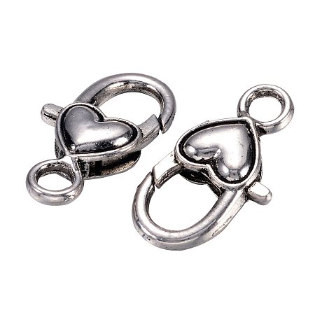NBEADS 5 Pcs Tibetan Style Alloy Heart Lobster Claw Clasps, Lead Free and Cadmium Free, Antique Silver, About 27mm Long, 13.5mm Wide, 6mm Thick, Hole: 4mm