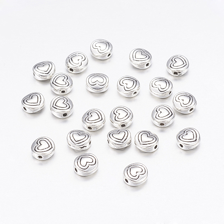 Honeyhandy Tibetan Style Alloy Beads, Flat Round with Heart, Antique Silver, Lead Free & Cadmium Free, 6x6x3mm, Hole: 1.5mm