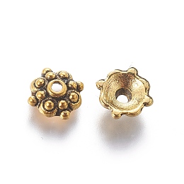 Honeyhandy Tibetan Style Alloy Bead Caps, Multi-Petal, Antique Golden, Lead Free and Cadmium Free, Flower, Size: about 8mm in diameter, 3mm thick, hole: 1mm