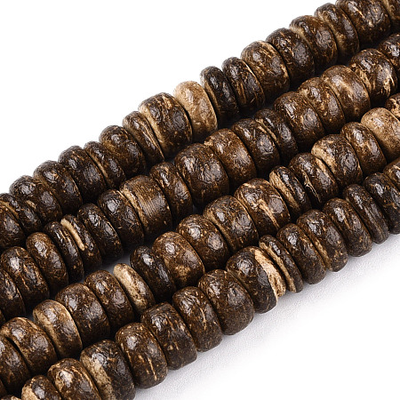Honeyhandy Coco Nut Beads Strands, Flat Round, Saddle Brown, 8x2~6mm, Hole: 1mm, about 88~110pcs/strand, 14.56 inch~16 inch