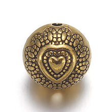 Honeyhandy Tibetan Style Alloy Beads, Lead Free & Cadmium Free, Round with Heart, Antique Golden, about 10mm in diameter, 8mm thick, Hole: 1.5mm