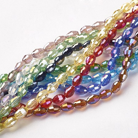 Electroplate Glass Beads, AB Color Plated, Faceted Oval, Mixed Color, bead: 6mm long, 4mm thick, hole: 1mm, about 72pcs/strand