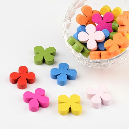 ARRICRAFT Mixed Color 16x16x5mm Flower Wood Beads Wooden Loose Spacer Beads for Jewelry Making