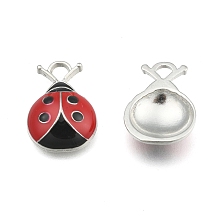 Honeyhandy Alloy Enamel Pendants, Ladybug, Lead Free and Cadmium Free, Red and Black, Platinum, about 17.5mm long, 12.5mm wide, 4mm thick, hole:2mm