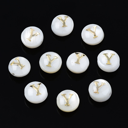Honeyhandy Natural Freshwater Shell Beads, with Golden Plated Brass Etched Metal Embellishments, Flat Round with Letter, Seashell Color, Letter.Y, 6x4mm, Hole: 0.8mm