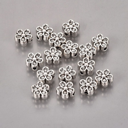 Honeyhandy Tibetan Style Alloy Beads, Lead Free & Cadmium Free, Flower, Great for Mother's Day Gifts making, Antique Silver, about 7mm in diameter, 3.5mm thick, hole: 1mm