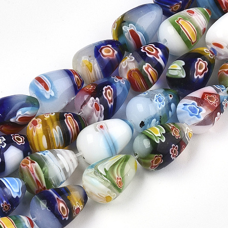 ARRICRAFT Handmade Millefiori Glass Beads Strands, White Porcelain, teardrop, Colorful, about 14mm long, 10mm wide, hole: 1.5mm, 28pcs/strand