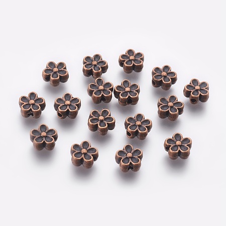 Honeyhandy Tibetan Style Beads, Zinc Alloy, Lead Free & Cadmium Free, Flower, Great for Mother's Day Gifts making, Red Copper Color, 7mm in diameter, 3.5mm thick, hole: 1mm