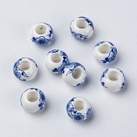 Honeyhandy Handmade Porcelain European Beads, Large Hole Beads, Rondelle, No Metal Core, White, about 13mm in diameter, 8.5mm thick, hole: 5mm