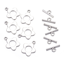 Flower Tibetan Style Alloy Toggle Clasps, Lead Free and Cadmium Free, Antique Silver, Flower: 16x20mm, Bar: 16mm long, Hole: 2.5mm