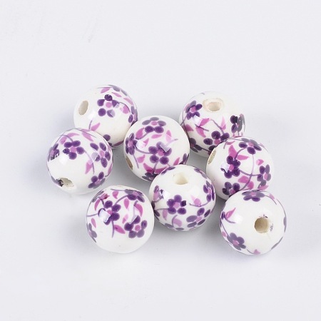Arricraft Handmade Printed Porcelain Beads, Round, Purple, 12mm, Hole: 3mm