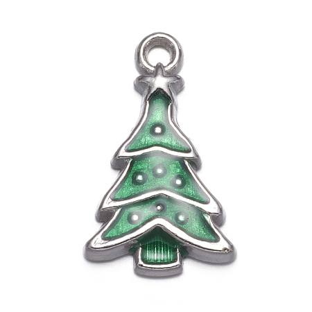 Honeyhandy Alloy Enamel Pendants, Lead Free and Cadmium Free, Christmas Tree, Platinum Color, Medium Sea Green, about 23.5mm long, 14mm wide, 3.5mm thick, hole: 2mm