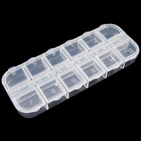 Honeyhandy Plastic Bead Containers, Flip Top Bead Storage, Jewelry Box for Nail Art Decoration & Small Accessories , 12 Compartments, Rectangle, Clear, about 13cm long, 5cm wide, 1.5cm high