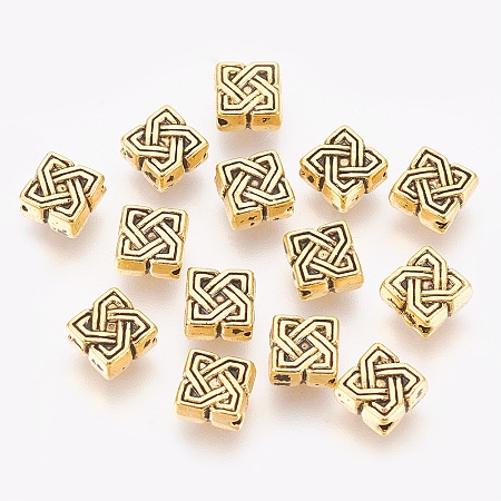 Honeyhandy Tibetan Style Alloy Beads, Antique Golden Color, Lead Free & Cadmium Free, Rhombus, Size: about 7mm in diameter, 4mm thick, hole: 1mm