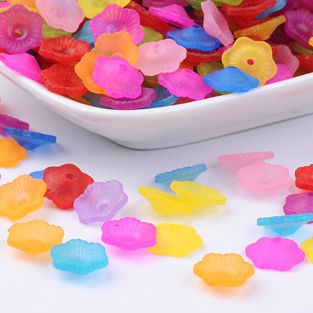 Honeyhandy Mixed Frosted Flower Shaped Transparent Acrylic Bead Caps, 11mm in diameter, 4mm thick, hole: 2mm