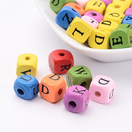 ARRICRAFT Mixed Lead Free Natural Wood Beads, Dyed, Cube with Letter, 10mmx10mmx10mm, hole: 3mm