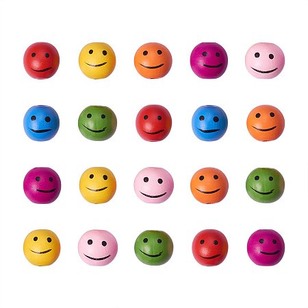 ARRICRAFT 20 Pcs Mixed Color Smiling Face Ball Wooden Chunky Beads Nice for Children's Day Gift Making, Lead Free, 25x24mm, hole: 4mm