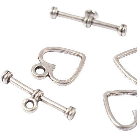 NBEADS 1500 Sets Tibetan Silver Toggle Clasps, Mother's Day Jewellry Making, Lead Free and Cadmium Free, Heart, Antique Silver, Toggle: About 12mm Wide, 14mm Long, Tbars: About 19mm Long, Hole: 1.5mm