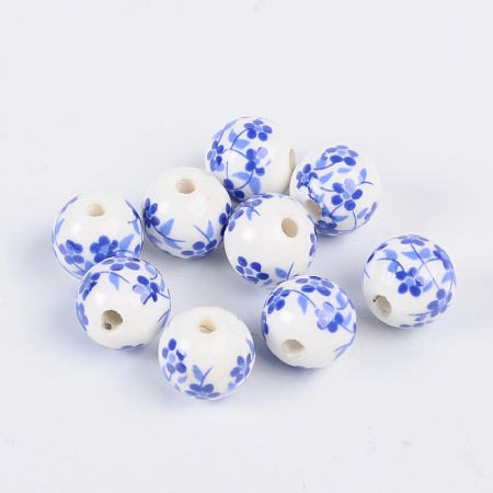 Honeyhandy Handmade Printed Porcelain Beads, Round, Dodger Blue, 12mm, Hole: 3mm