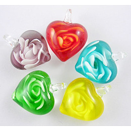 Honeyhandy Ideas for Valentines Day for Her Romantic Handmade Lampwork Pendants, Inner Flower, Heart, Mixed Color, about 18mm wide, 25mm long, Hole: 6mm