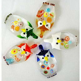 Arricraft Handmade Lampwork Pendants for Halloween, with Millefiori, Owl, Mixed Color, 38mm long, 20mm wide, 12mm thick, hole: 4~6mm