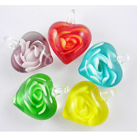 Honeyhandy Ideas for Valentines Day for Her Romantic Handmade Lampwork Pendants, Inner Flower, Heart, Mixed Color, about 18mm wide, 25mm long, Hole: 6mm