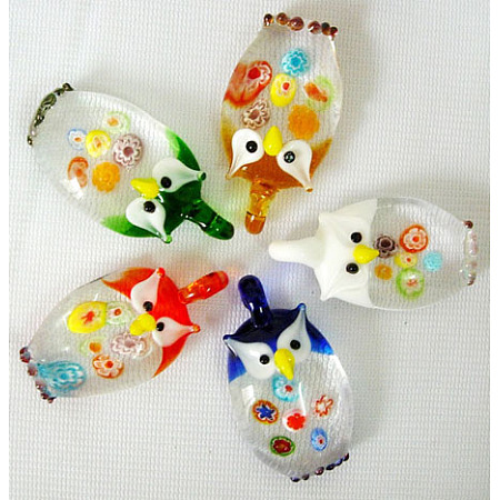 Arricraft Handmade Lampwork Pendants for Halloween, with Millefiori, Owl, Mixed Color, 38mm long, 20mm wide, 12mm thick, hole: 4~6mm